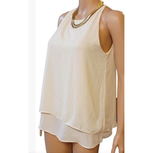 SAINT TROPEZ WEST-SMALL- Layered Chiffon Split Back Women's Sleeveless Beige Top - Picture 3 of 13